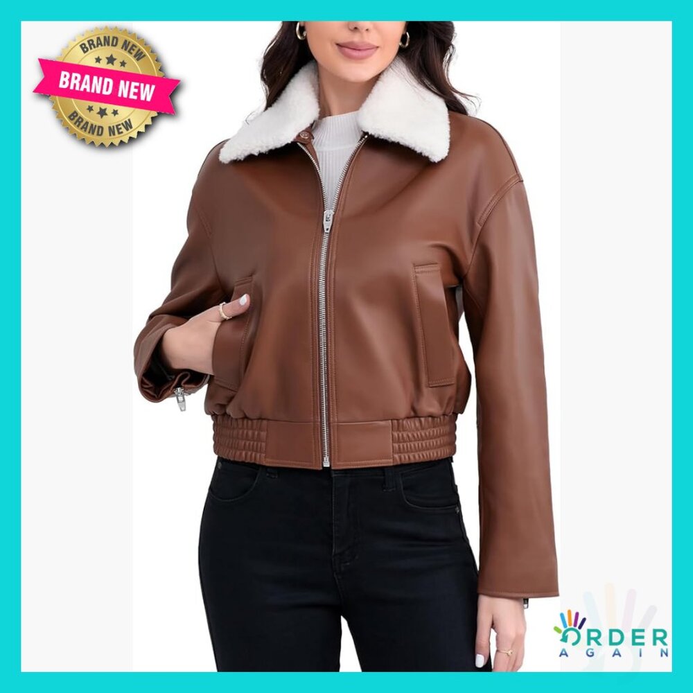 Cropped Lambskin Leather Bomber Jacket Oversized Fit Removable Sherpa Collar